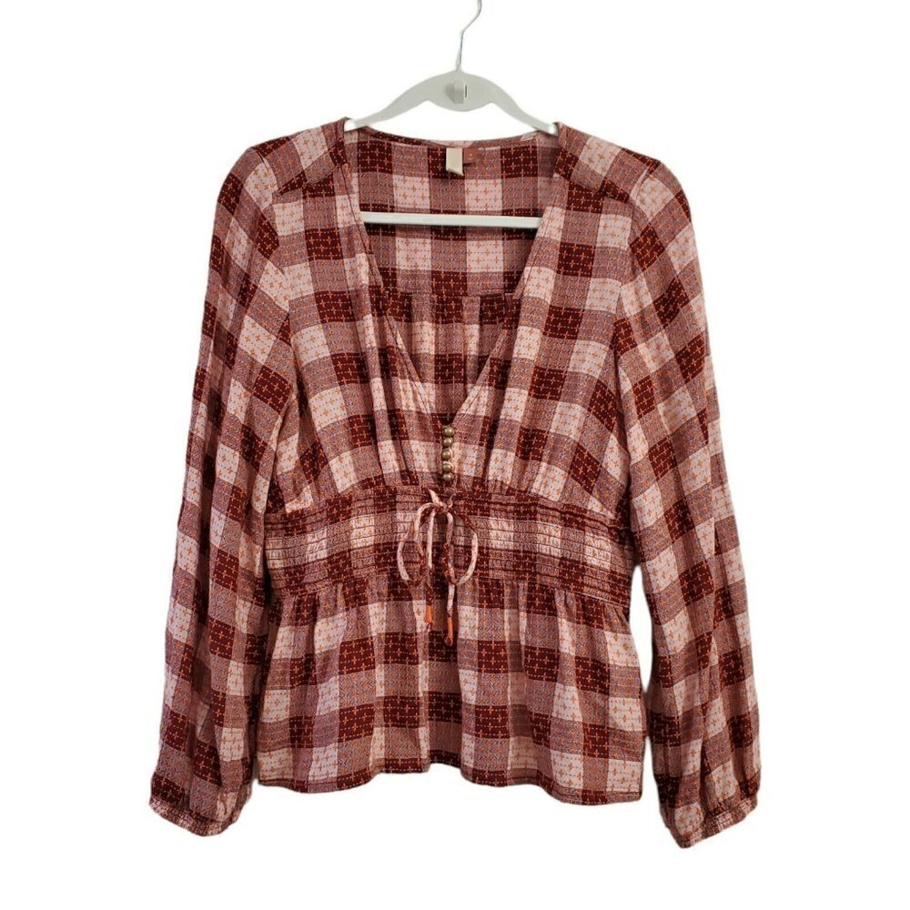 Anthropologie Pilcro Blouse Medium Plaid Deep V Red Motif Boho Smocked Tie Waist